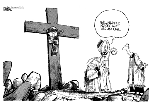 catholic church sex abuse scandal priest bishop boy on cross cartoon Michael Ramirez los angeles times